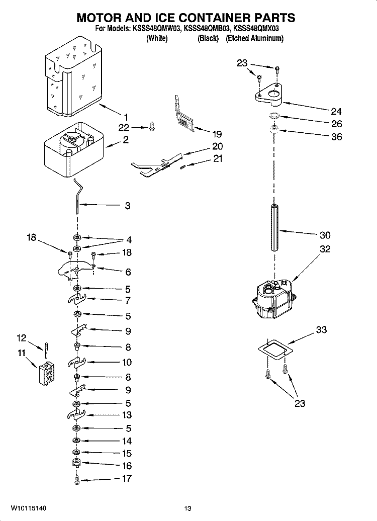MOTOR AND ICE CONTAINER PARTS Diagram and Parts List for KSSS48QMB03  KitchenAid Refrigerator