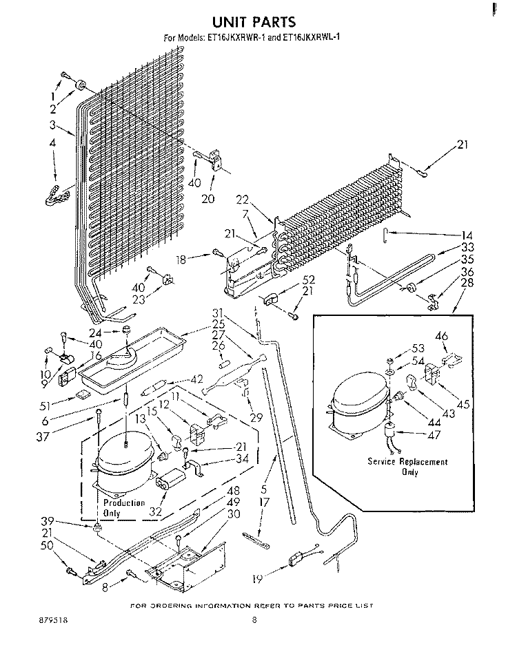 UNIT Diagram and Parts List for ET16JKXRWR1  Whirlpool Refrigerator