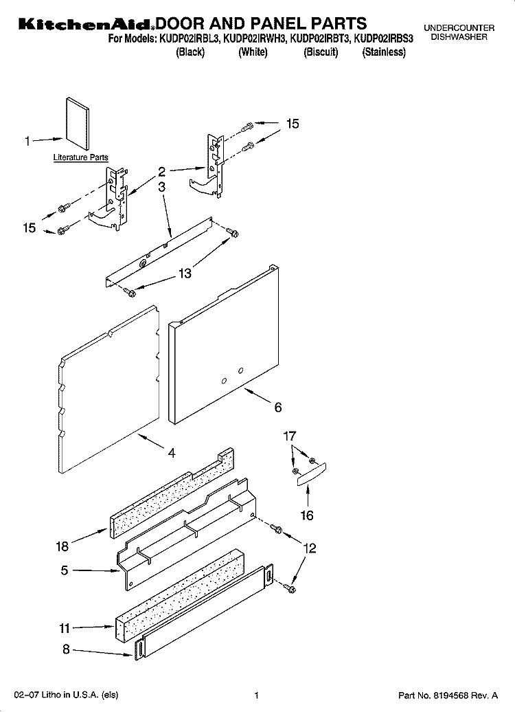 DOOR AND PANEL PARTS Diagram and Parts List for KUDP02IRWH3  KitchenAid Dishwasher