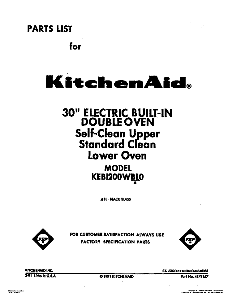 COVER Diagram and Parts List for KEBI200WBL0  KitchenAid Wall Oven