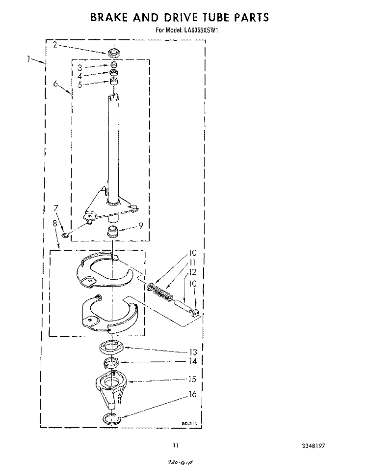 BRAKE AND DRIVE TUBE Diagram and Parts List for LA6055XSW1  Whirlpool Washer