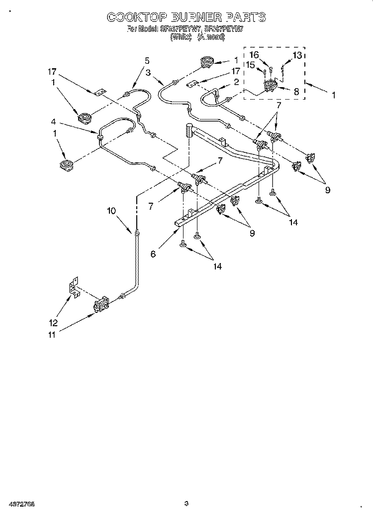 COOKTOP BURNER Diagram and Parts List for SF367PEYW7  Whirlpool Range