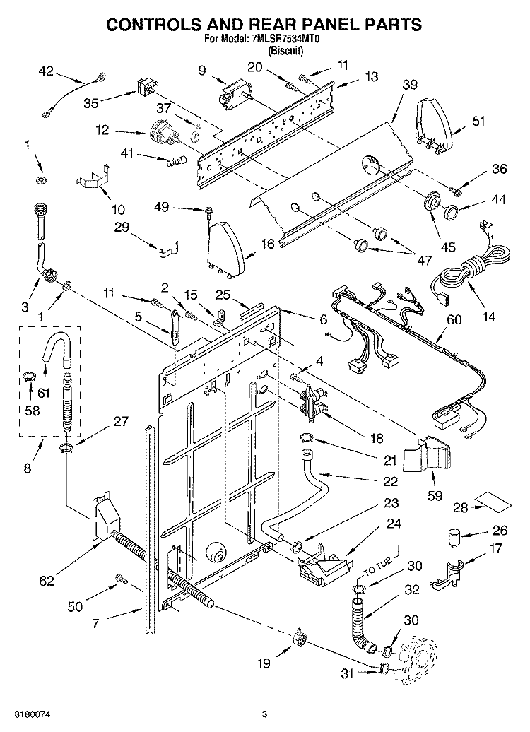 CONTROLS AND REAR PANEL PARTS Diagram and Parts List for 7MLSR7534MT0  Whirlpool Washer