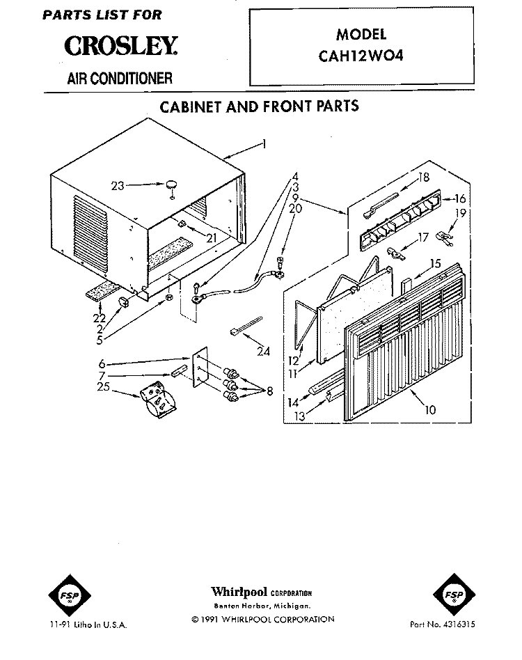 CABINET AND FRONT Diagram and Parts List for CAH12W04  Crosley Air Conditioner
