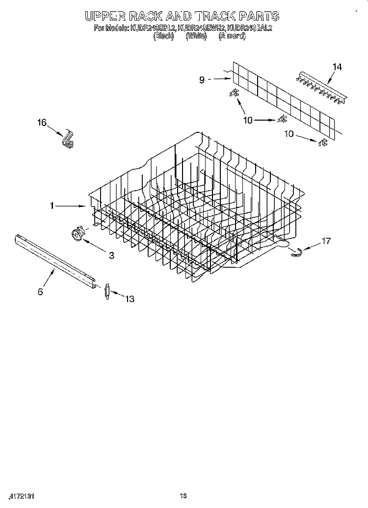 UPPER RACK AND TRACK Diagram and Parts List for KUDR24SEAL2  KitchenAid Dishwasher