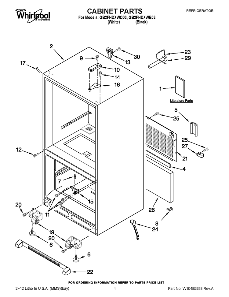 CABINET PARTS Diagram and Parts List for GB2FHDXWB03  Whirlpool Refrigerator