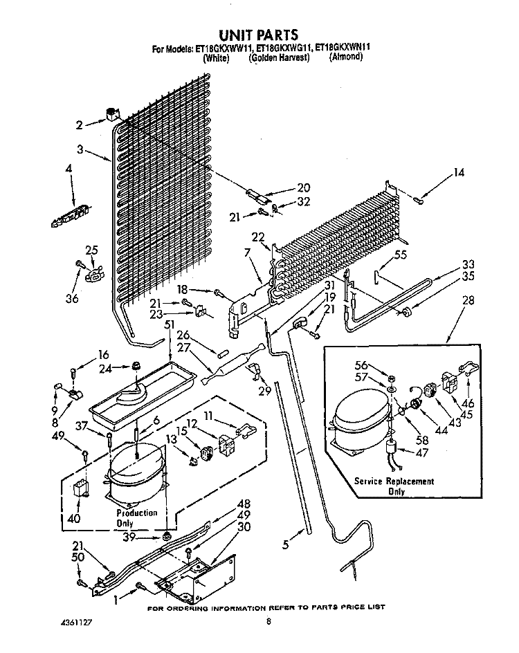 UNIT Diagram and Parts List for ET18GKXWG11  Whirlpool Refrigerator