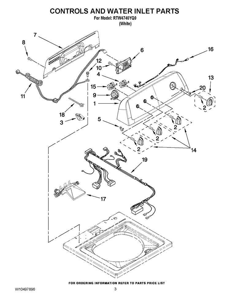 CONTROLS AND WATER INLET PARTS Diagram and Parts List for RTW4740YQ0  Roper Washer