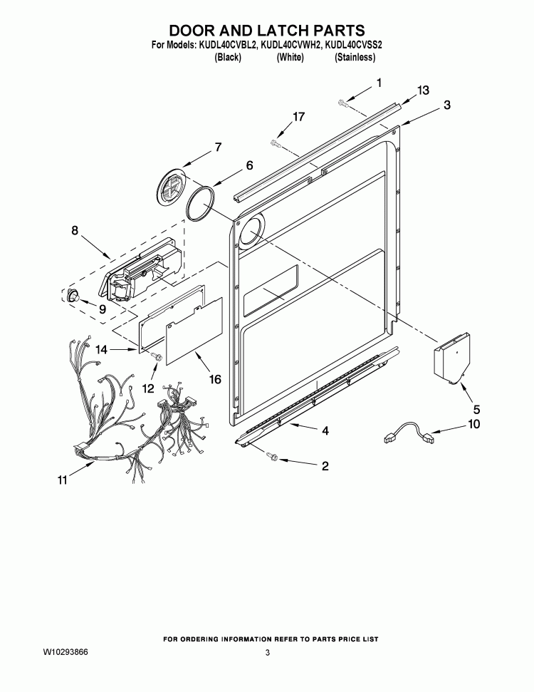 DOOR AND LATCH PARTS Diagram and Parts List for KUDL40CVBL2  KitchenAid Dishwasher