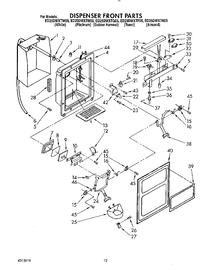 DISPENSER FRONT Diagram and Parts List for ED25DWXTW05  Whirlpool Refrigerator