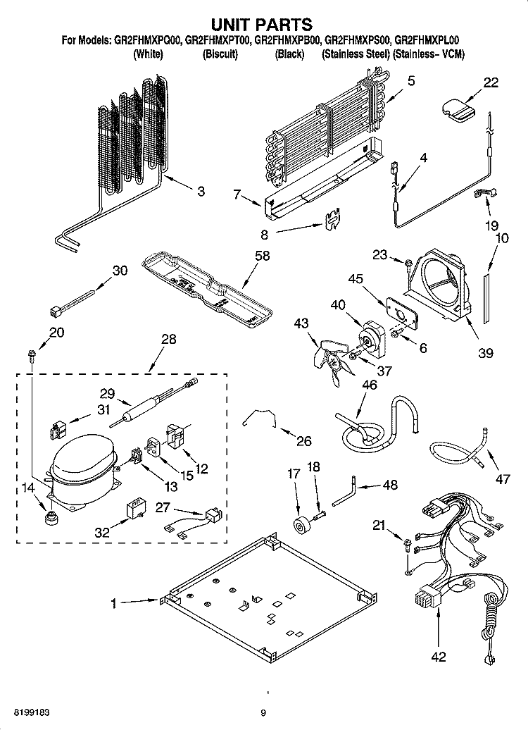 UNIT PARTS Diagram and Parts List for GR2FHMXPT00  Whirlpool Refrigerator