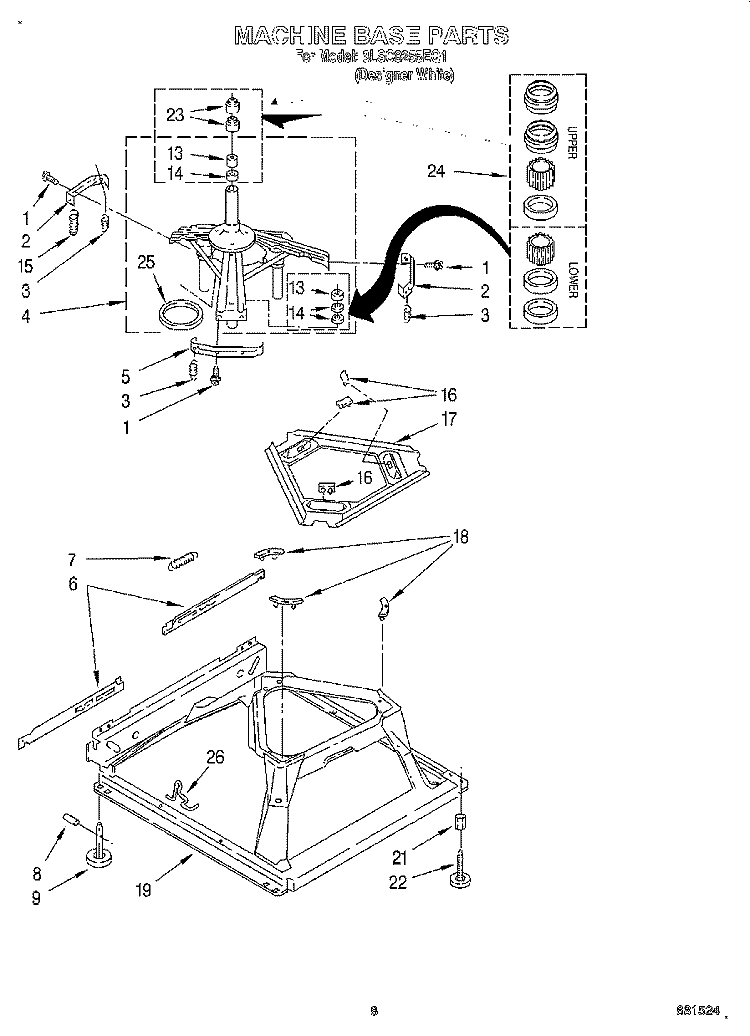 MACHINE BASE Diagram and Parts List for 3LSC8255EQ1  Whirlpool Washer
