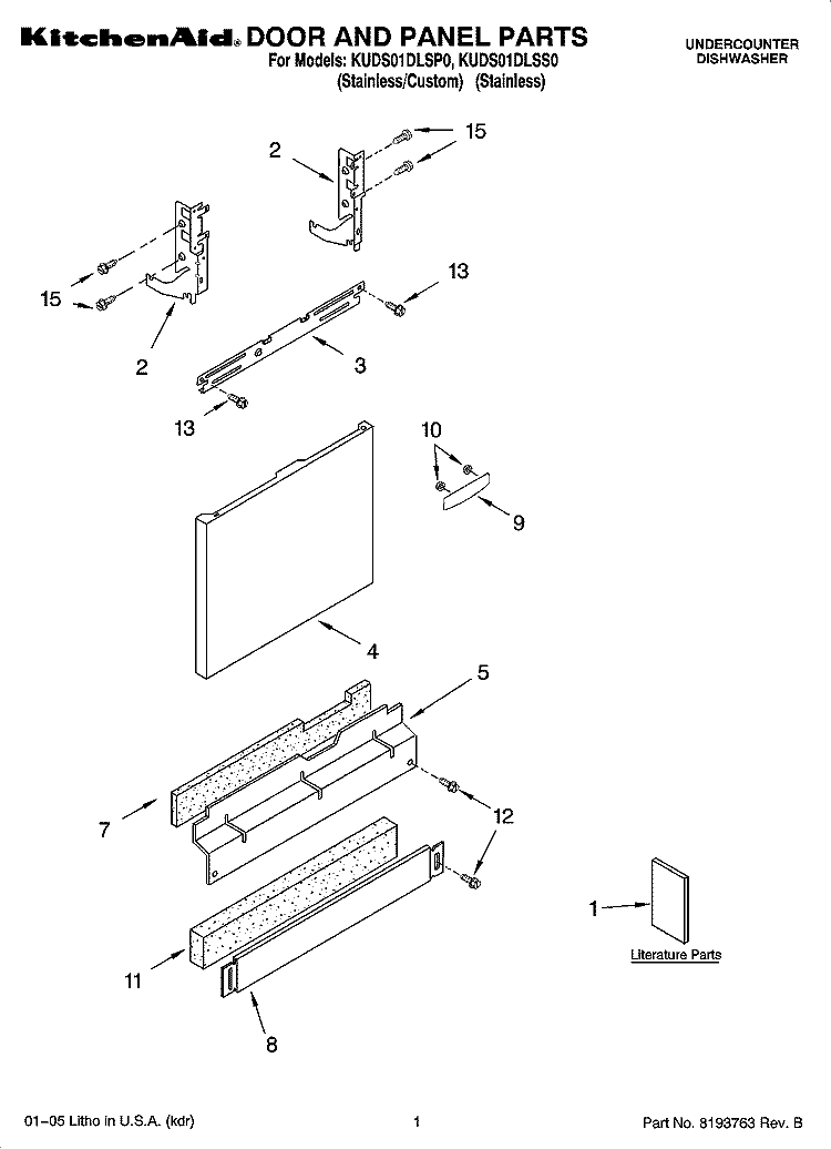 DOOR AND PANEL PARTS Diagram and Parts List for KUDS01DLSS0  KitchenAid Dishwasher