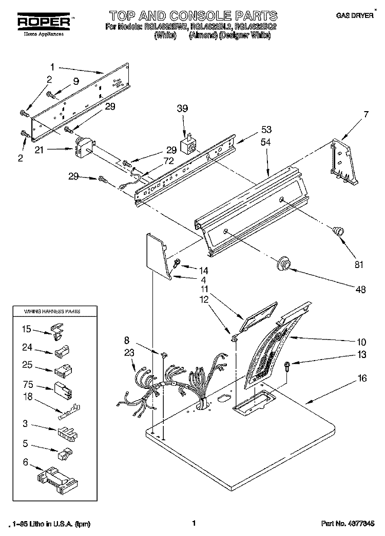 TOP AND CONSOLE, LIT/OPTIONAL Diagram and Parts List for RGL4632BQ2  Roper Dryer