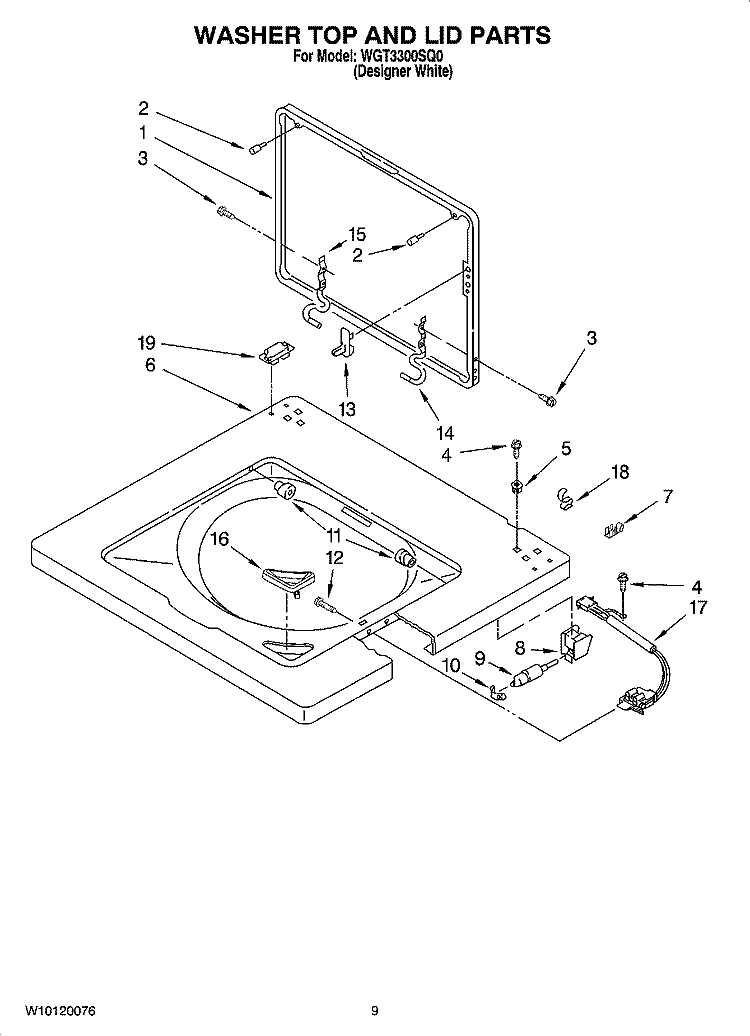 WASHER TOP AND LID PARTS Diagram and Parts List for WGT3300SQ0  Whirlpool Washer Dryer Combo