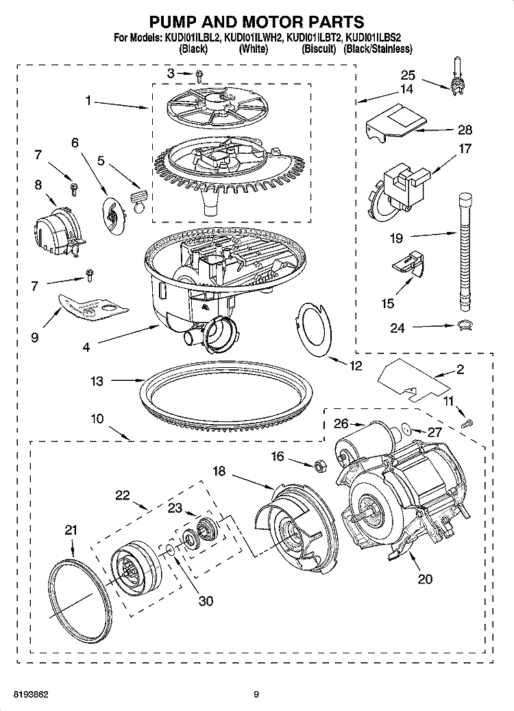 PUMP AND MOTOR PARTS Diagram and Parts List for KUDI01ILWH2  KitchenAid Dishwasher