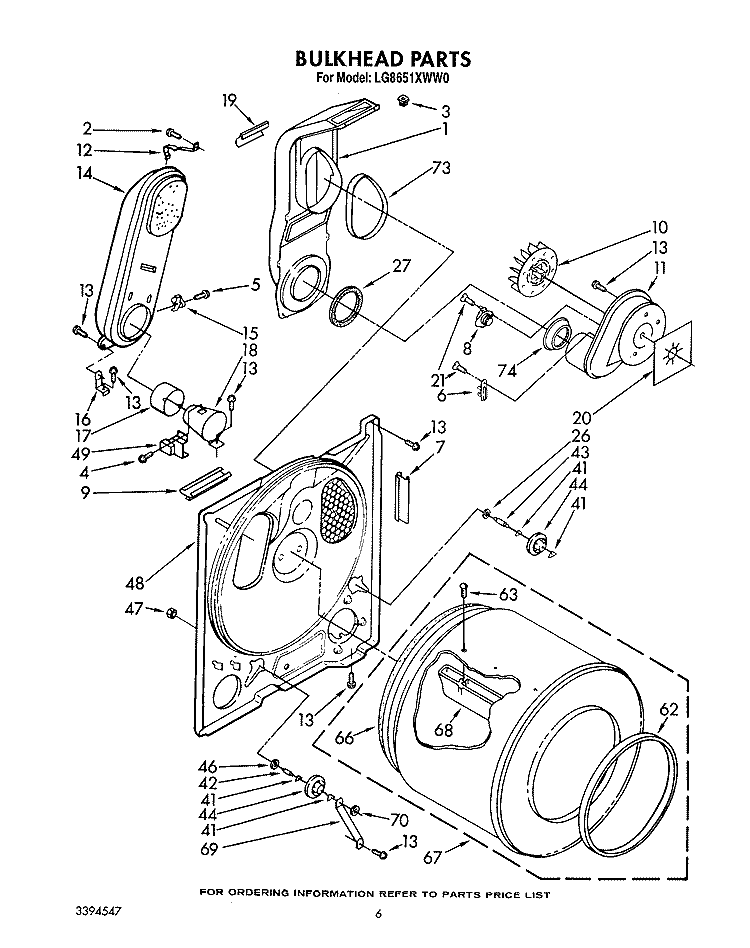 BULKHEAD Diagram and Parts List for LG8651XWW0  Whirlpool Dryer