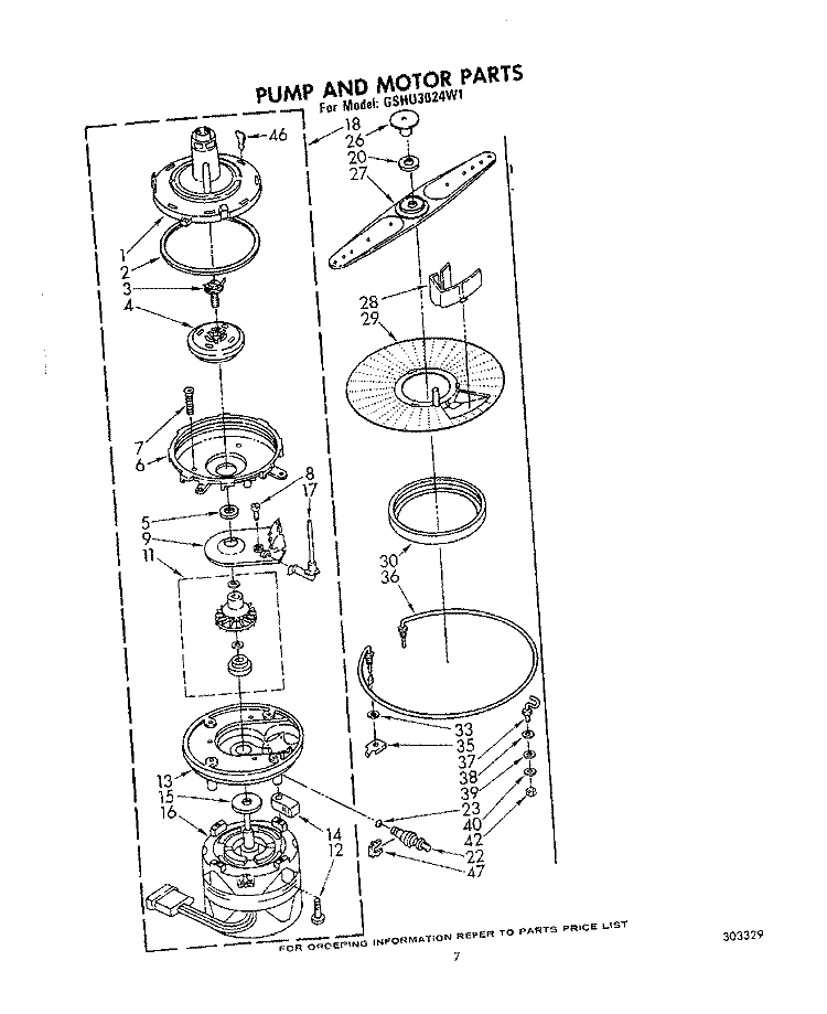 PUMP AND MOTOR Diagram and Parts List for GSHU3024W1  Whirlpool Dishwasher