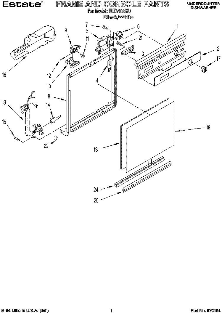 FRAME AND CONSOLE Diagram and Parts List for TUD7005Y0  Whirlpool Dishwasher