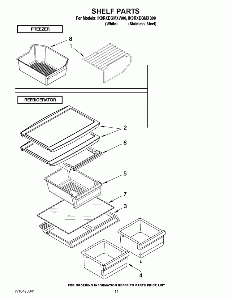 SHELF PARTS Diagram and Parts List for IK8RXDGMXW00  Whirlpool Refrigerator