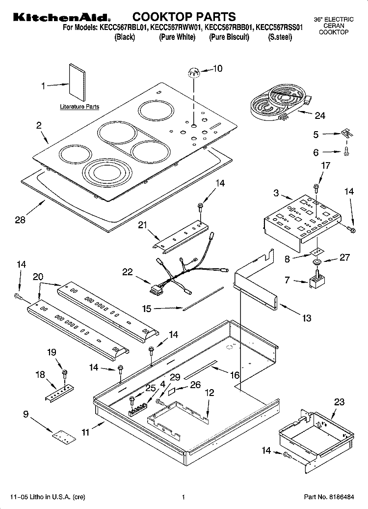 COOKTOP PARTS, OPTIONAL PARTS Diagram and Parts List for KECC567RSS01  KitchenAid Cooktop
