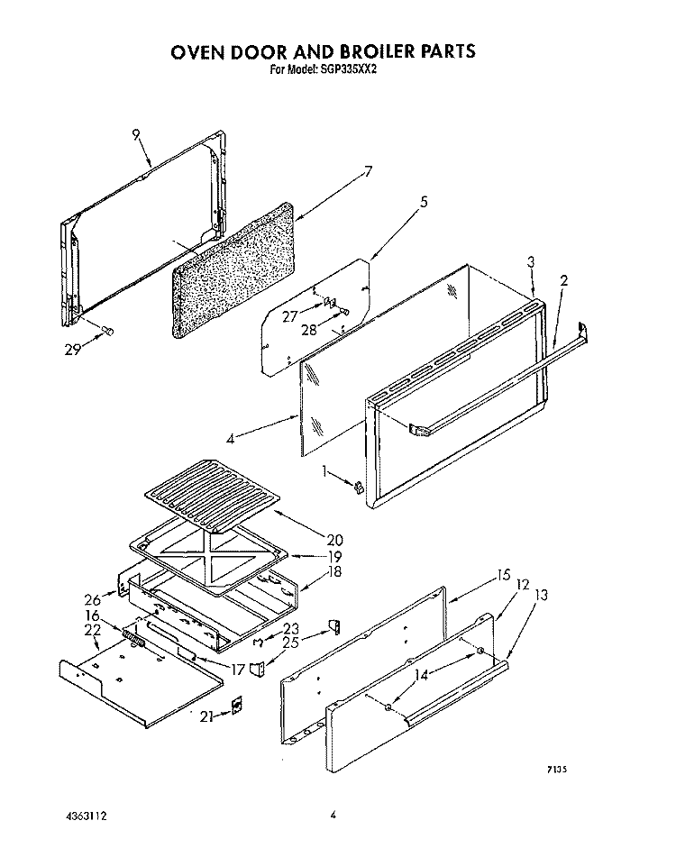 OVEN DOOR AND BROILER Diagram and Parts List for SGP335XX2  Roper Range
