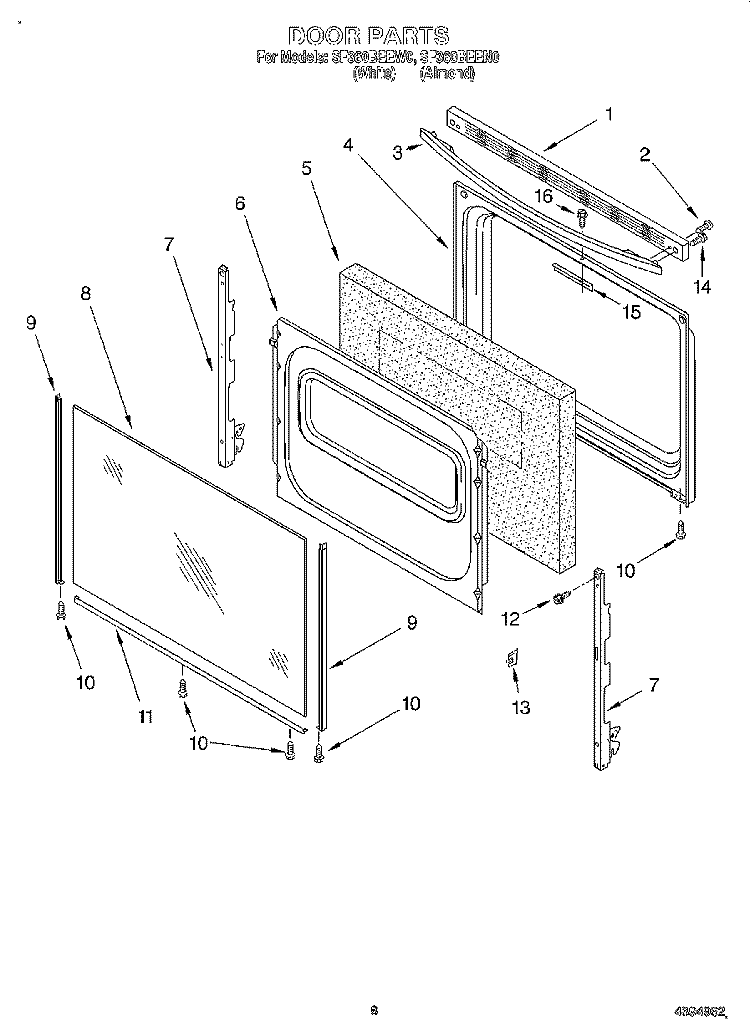 DOOR, LIT/OPTIONAL Diagram and Parts List for SF360BEEW0  Whirlpool Range