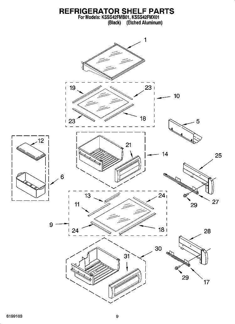 REFRIGERATOR SHELF PARTS Diagram and Parts List for KSSS42FMX01  KitchenAid Refrigerator