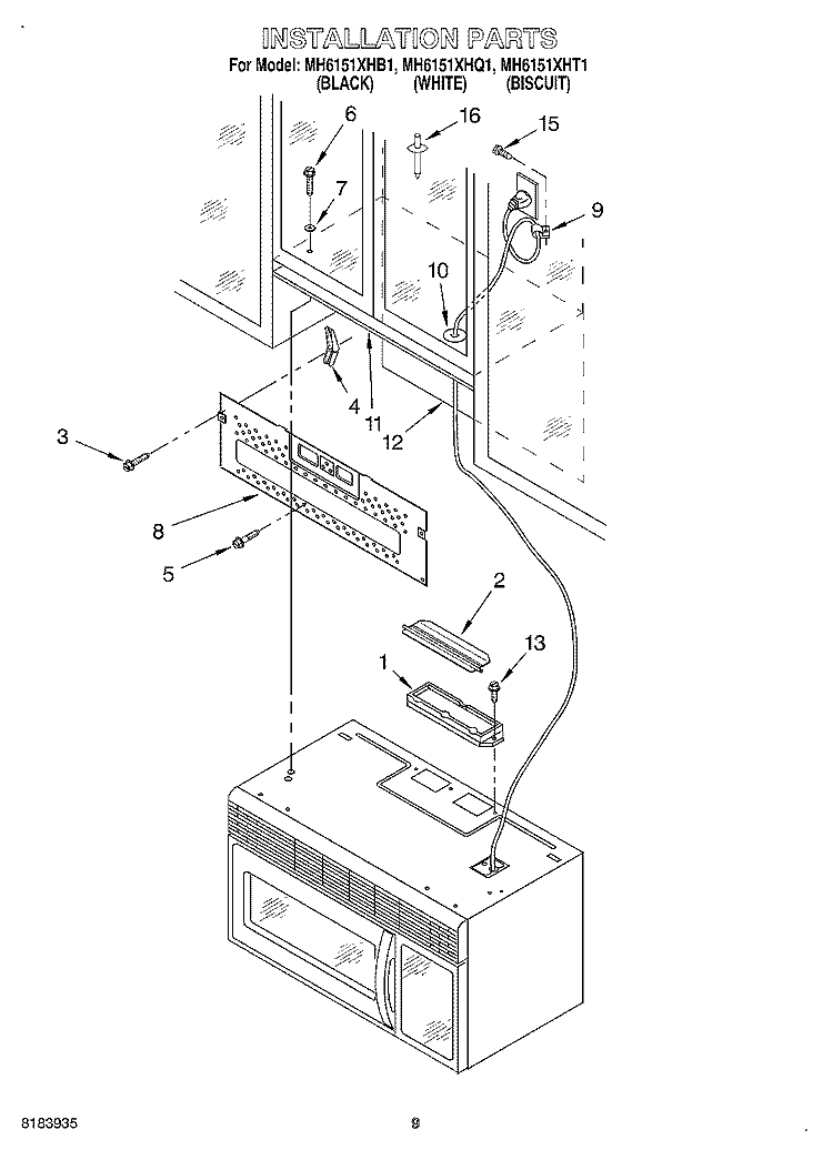 INSTALLATION Diagram and Parts List for MH6151XHQ1  Whirlpool Microwave