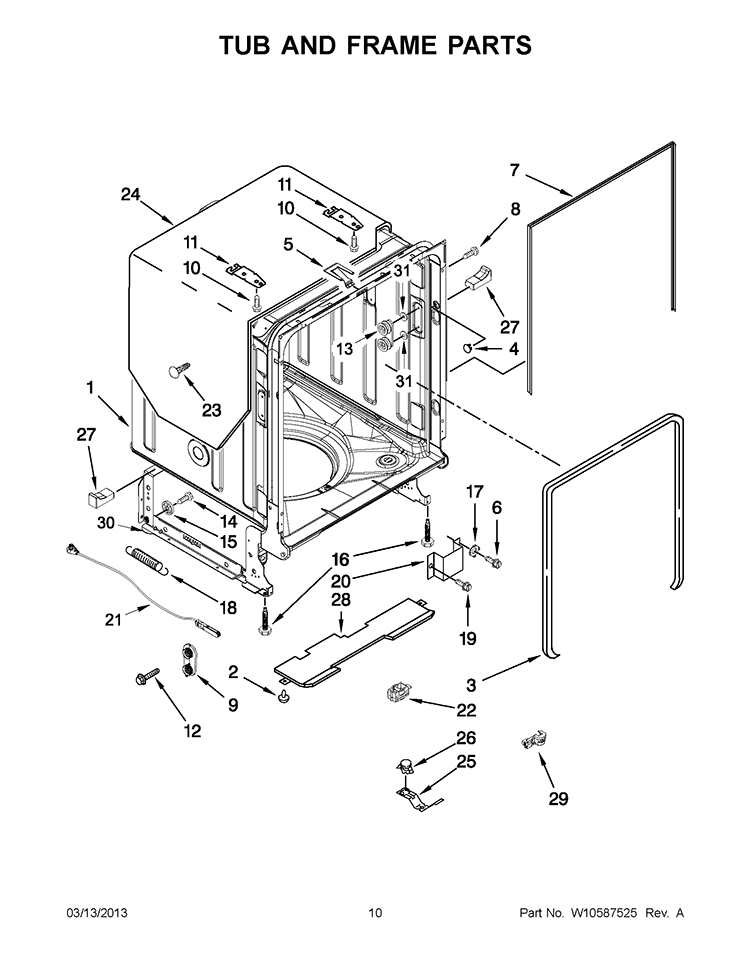 TUB AND FRAME PARTS Diagram and Parts List for IUD8500BX0  Whirlpool Dishwasher