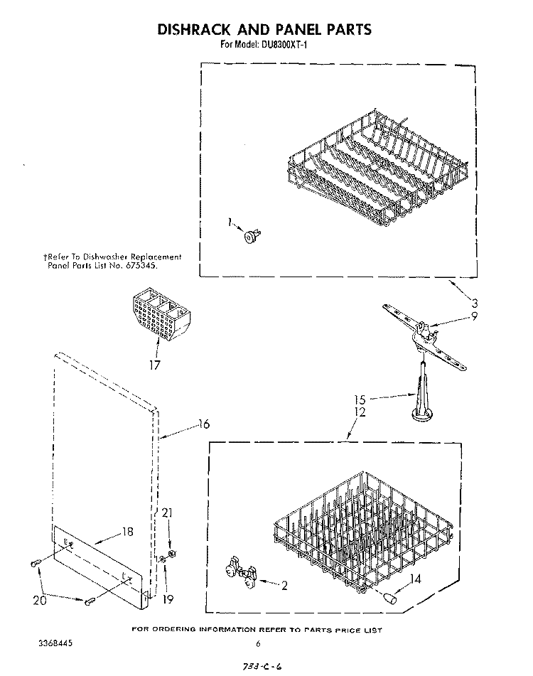 DISHRACK AND PANEL Diagram and Parts List for DU8300XT1  Whirlpool Dishwasher