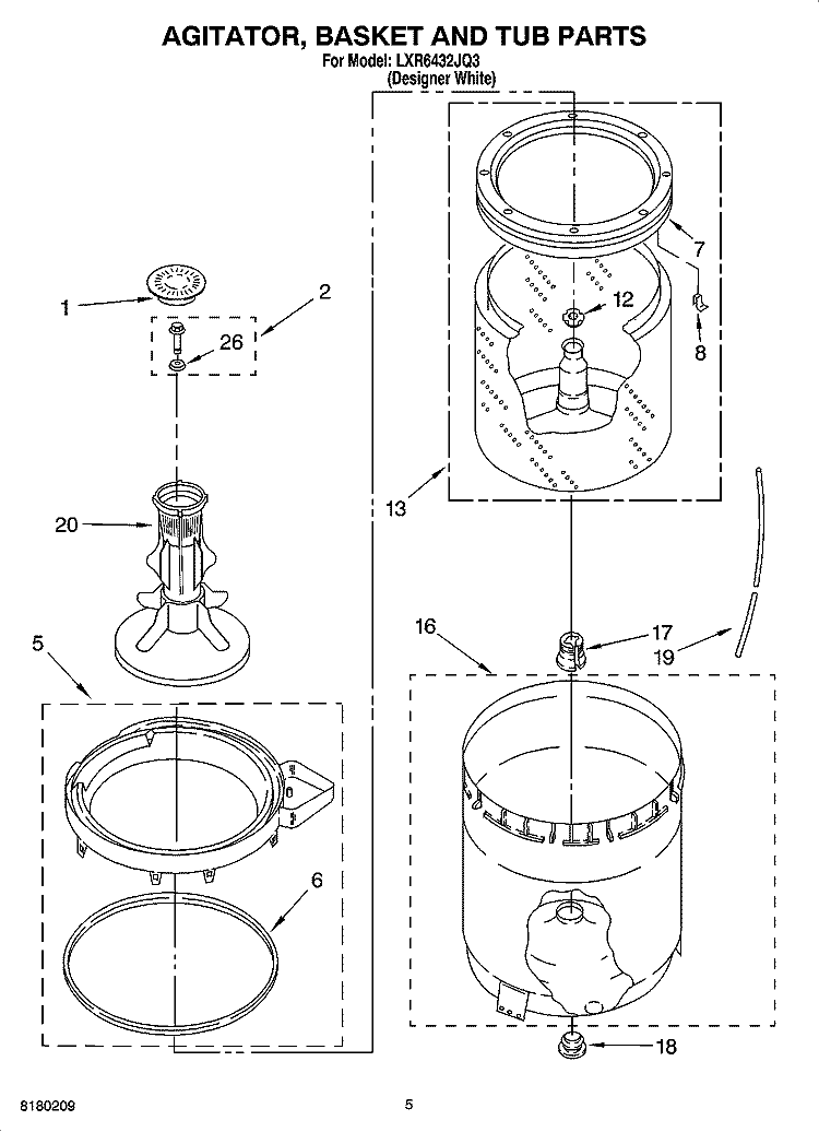 AGITATOR, BASKET AND TUB PARTS Diagram and Parts List for LXR6432JQ3  Whirlpool Washer