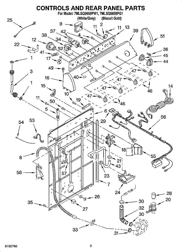 CONTROLS AND REAR PANEL PARTS Diagram and Parts List for 7MLSQ9659PG1  Whirlpool Washer