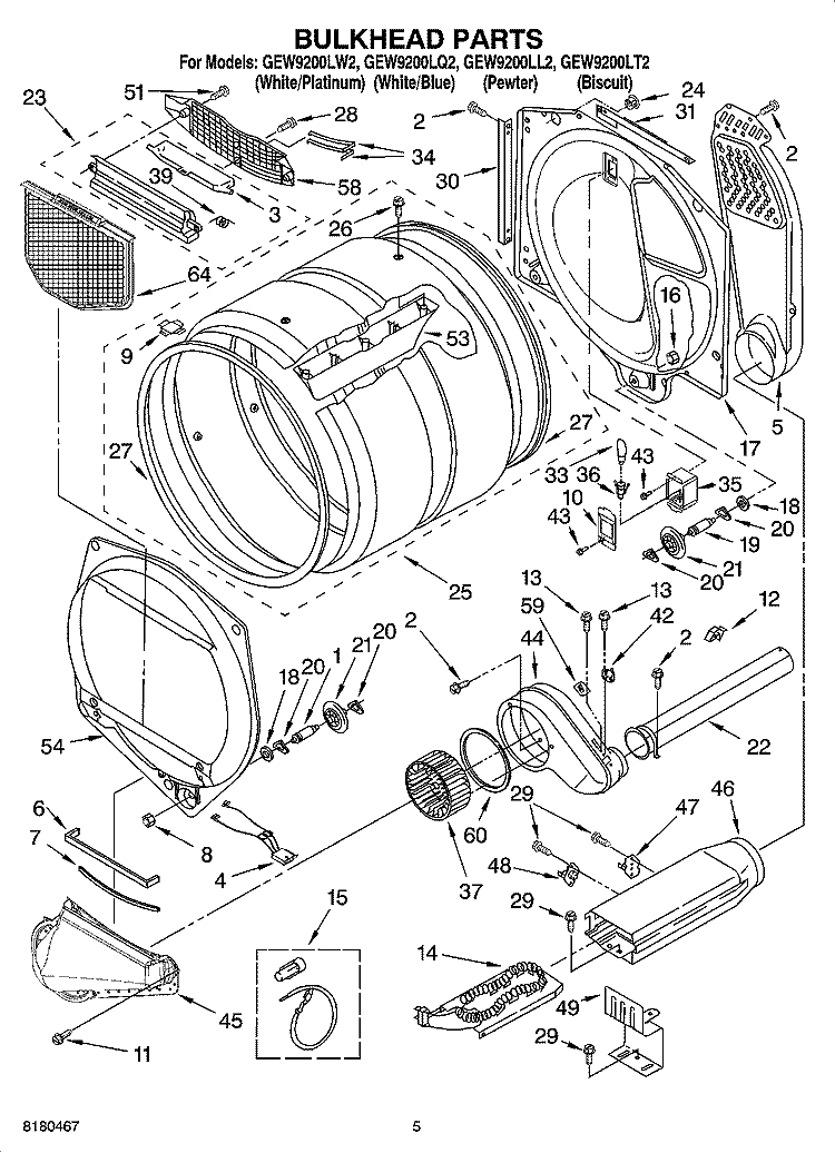 BULKHEAD PARTS Diagram and Parts List for GEW9200LW2  Whirlpool Dryer
