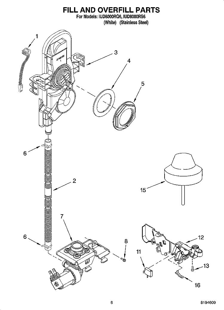 FILL AND OVERFILL PARTS Diagram and Parts List for IUD8000RQ6  Whirlpool Dishwasher