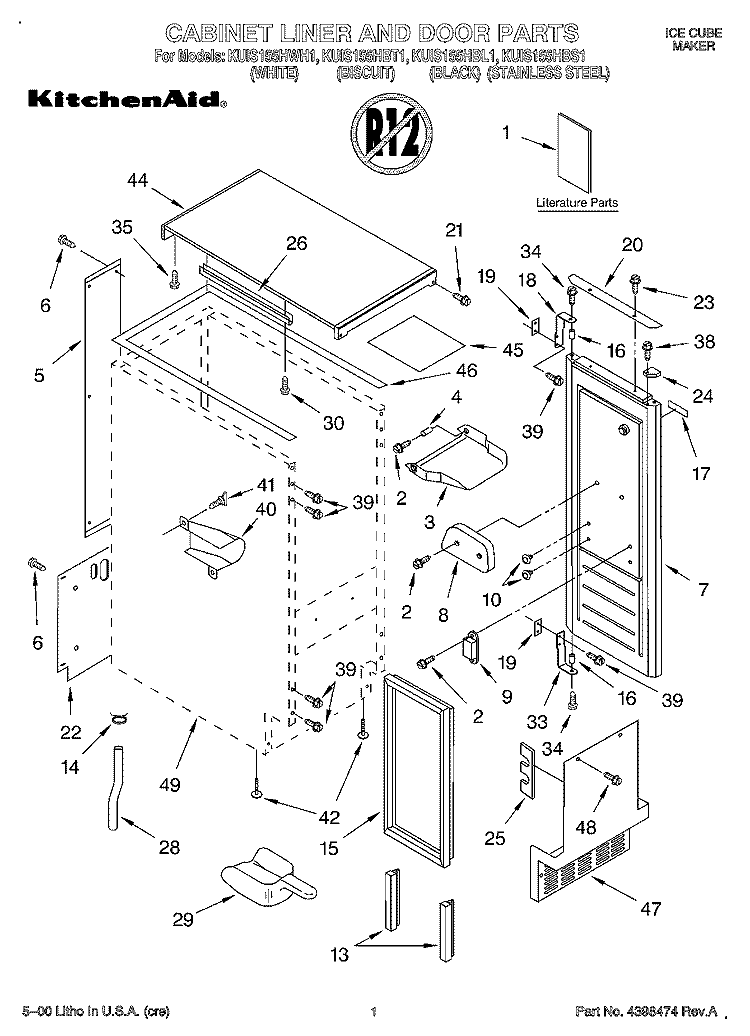 CABINET LINER AND DOOR, LIT/OPTIONAL Diagram and Parts List for KUIS155HBL1  KitchenAid Ice Maker