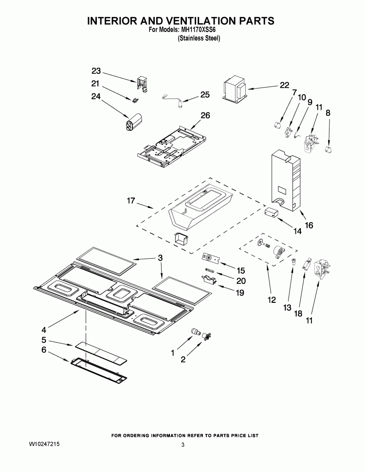 INTERIOR AND VENTILATION PARTS Diagram and Parts List for MH1170XSS6  Whirlpool Microwave