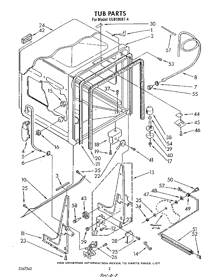 TUB , LITERATURE AND OPTIONAL Diagram and Parts List for DU8100XT4  Whirlpool Dishwasher