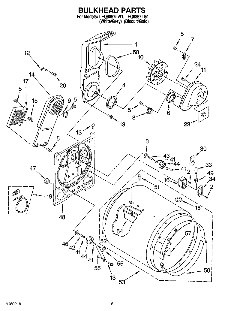 BULKHEAD PARTS Diagram and Parts List for LEQ9857LW1  Whirlpool Dryer
