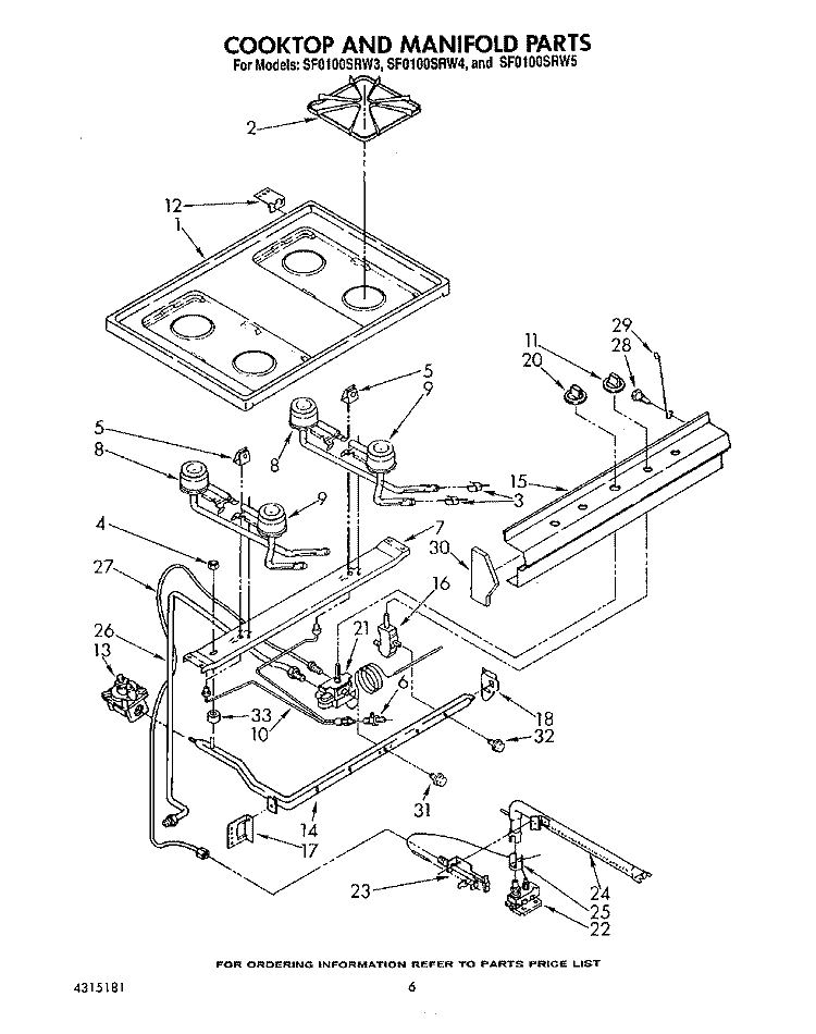 COOKTOP AND MANIFOLD, LIT/OPTIONAL Diagram and Parts List for SF0100SRW4  Whirlpool Range
