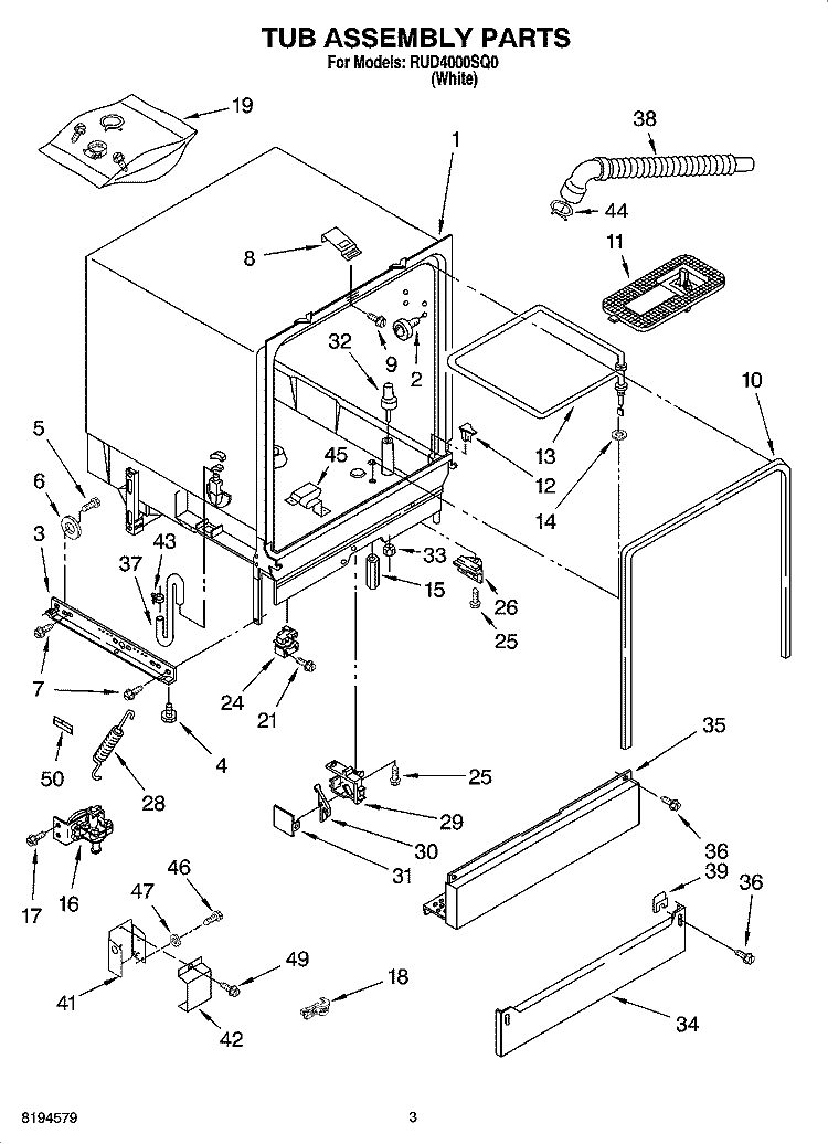 TUB ASSEMBLY PARTS Diagram and Parts List for RUD4000SQ0  Roper Dishwasher
