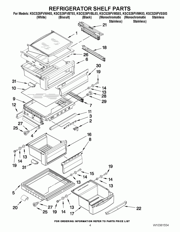 REFRIGERATOR SHELF PARTS Diagram and Parts List for KSCS25FVBL03  KitchenAid Refrigerator