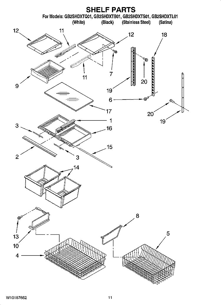 SHELF PARTS Diagram and Parts List for GB2SHDXTS01  Whirlpool Refrigerator