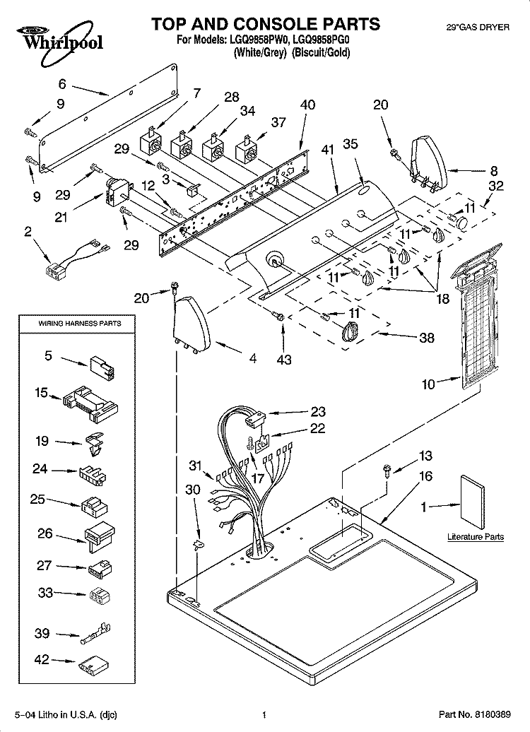 TOP AND CONSOLE PARTS Diagram and Parts List for LGQ9858PG0  Whirlpool Dryer