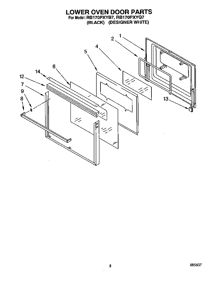 LOWER OVEN DOOR Diagram and Parts List for RB170PXYB7  Whirlpool Wall Oven