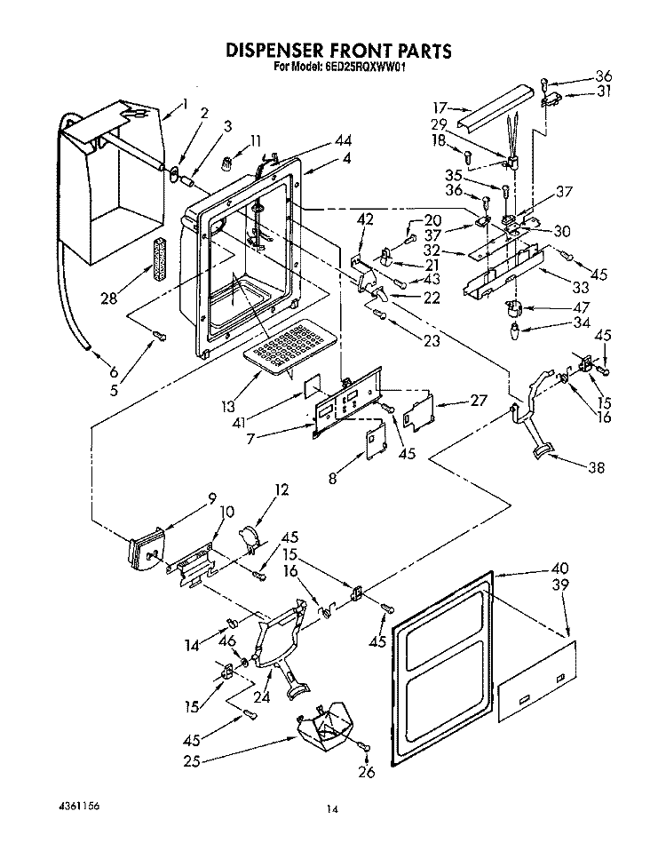 DISPENSER FRONT Diagram and Parts List for 6ED25RQXWW01  Whirlpool Refrigerator
