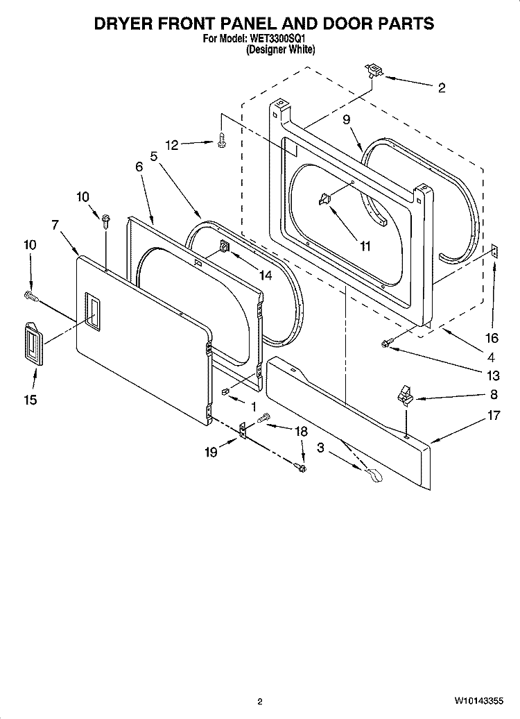 DRYER FRONT PANEL AND DOOR PARTS Diagram and Parts List for WET3300SQ1  Whirlpool Washer Dryer Combo