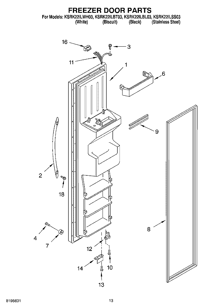 FREEZER DOOR PARTS Diagram and Parts List for KSRK22ILBT03  KitchenAid Refrigerator