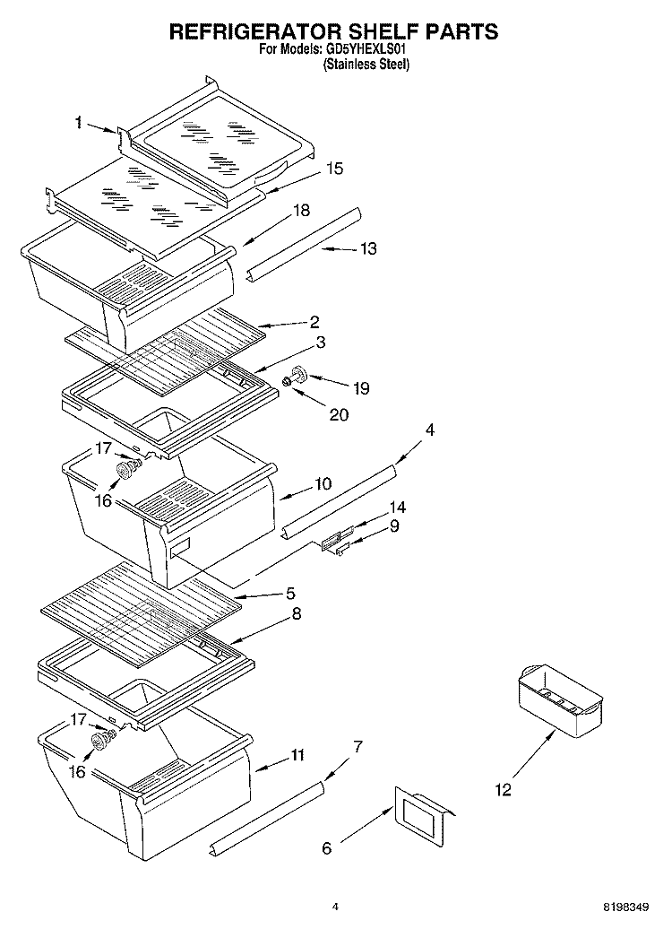 REFRIGERATOR SHELF PARTS Diagram and Parts List for GD5YHEXLS01  Whirlpool Refrigerator