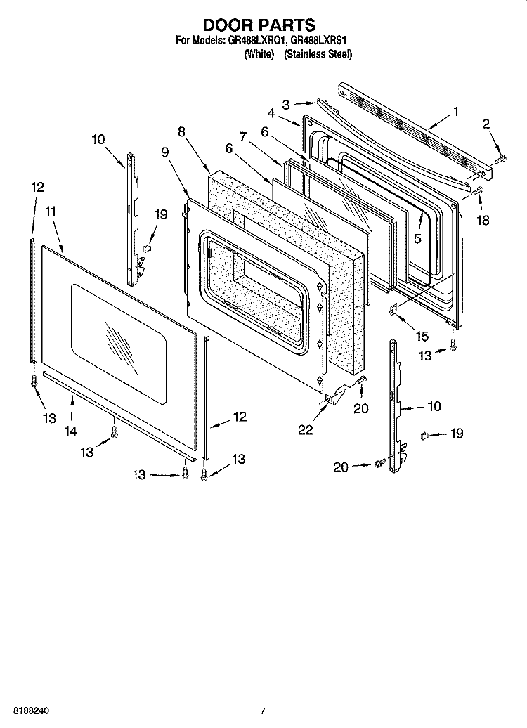 DOOR PARTS, OPTIONAL PARTS Diagram and Parts List for GR488LXRQ1  Whirlpool Range